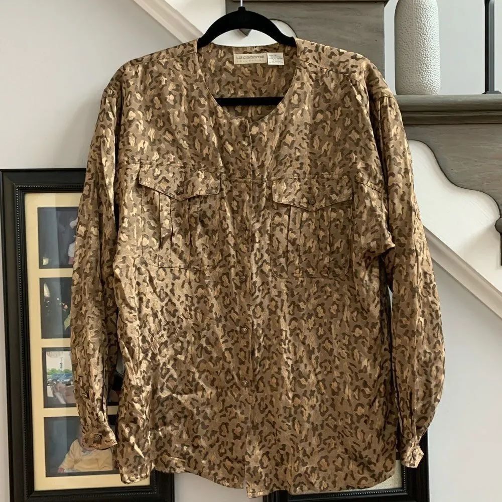 Vintage Liz Claiborne Leopard Rosette Button Down sz 8 EUC Mob Wife Chic